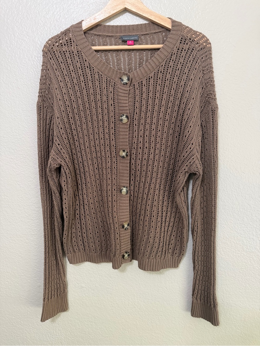 Vince Camuto Brown Open-Knit Button Front Cardigan XL Boho Crochet Beach
